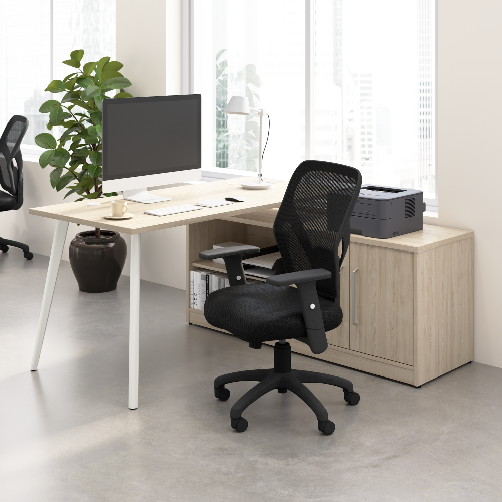 Shop Bush Business Furniture Vista 60W L Shaped Desk with Splayed Metal Legs and Low Storage Cabinet, Image 02, VST006NE, #color_natural elm