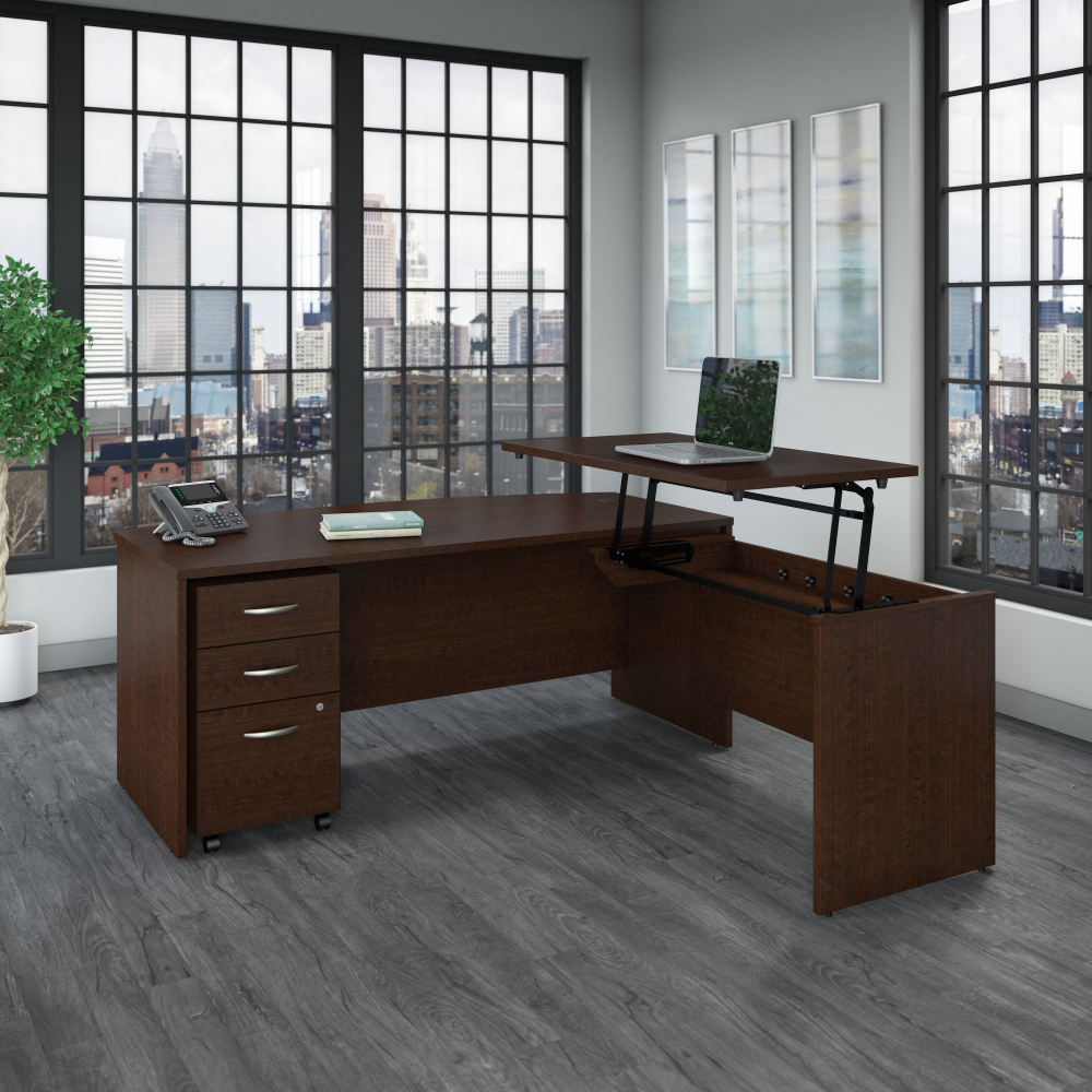 Shop Bush Business Furniture Series C 72W x 36D 3 Position Bow Front Sit to Stand L Shaped Desk with Mobile File Cabinet, Image 02, SRC126MRSU, #color_mocha cherry