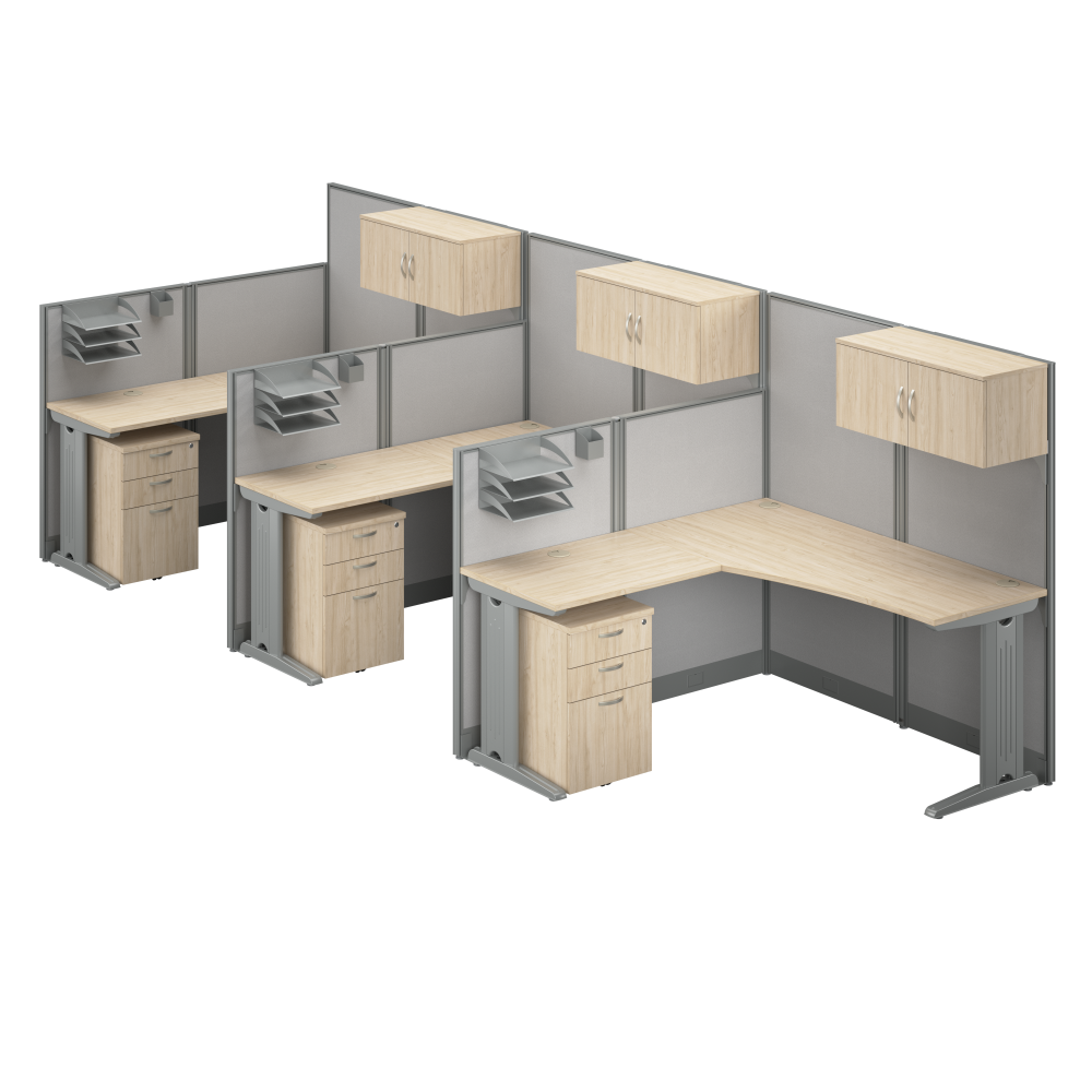 Shop Bush Business Furniture Office in an Hour 3 Person L Shaped Cubicle Desks with Storage, Drawers, and Organizers, Image 01, OIAH006NE, #color_natural elm