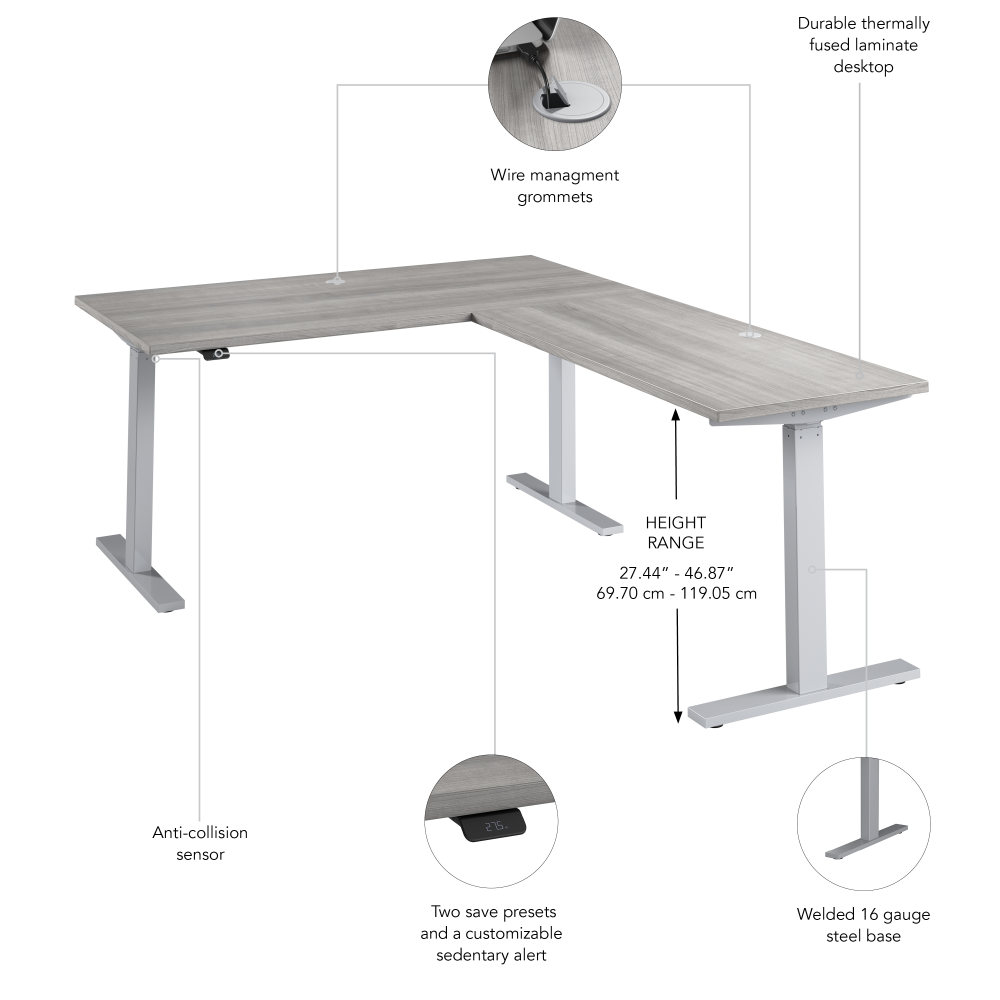 Shop Bush Business Furniture Move 60 Series 60W Height Adjustable L Shaped Standing Desk, Image 06, M6SL6078PGSK, #color_platinum gray/cool gray metallic