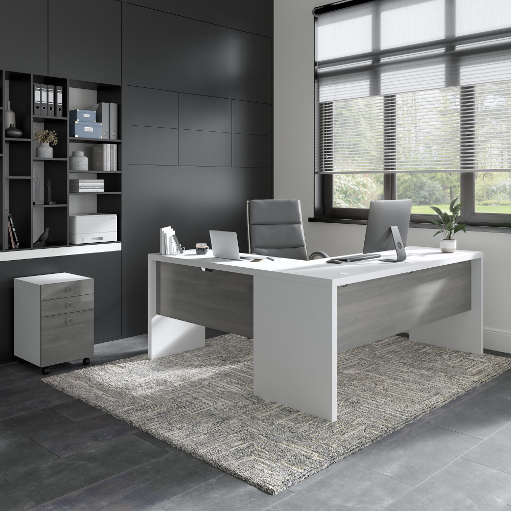 Shop Bush Business Furniture Echo 72W L Shaped Computer Desk with 3 Drawer Mobile File Cabinet, Image 02, ECH050WHMG, #color_pure white/modern gray