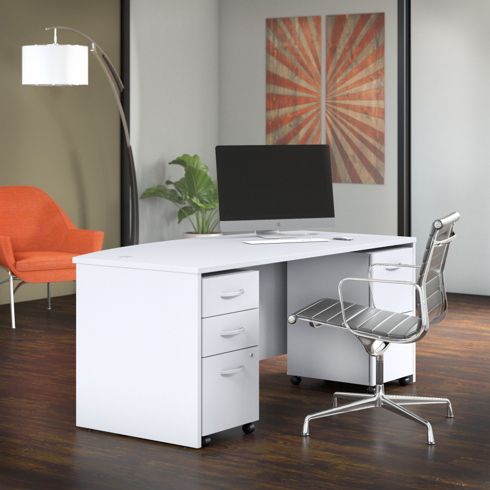 Shop Bush Business Furniture Studio C 72W x 36D Bow Front Desk with Mobile File Cabinets, Image 02, STC012WHSU, #color_white