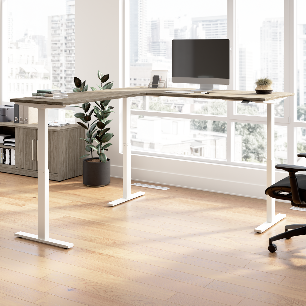 Shop Bush Business Furniture Move 60 Series 72W Height Adjustable L Shaped Standing Desk, Image 02, M6SL7278MHWK, #color_modern hickory/white powder coat