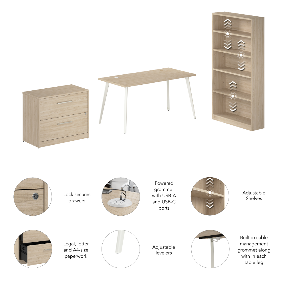 Shop Bush Business Furniture Vista 60W Desk with Splayed Metal Legs, Lateral File Cabinet, and Bookcase, Image 06, VST012NESU, #color_natural elm