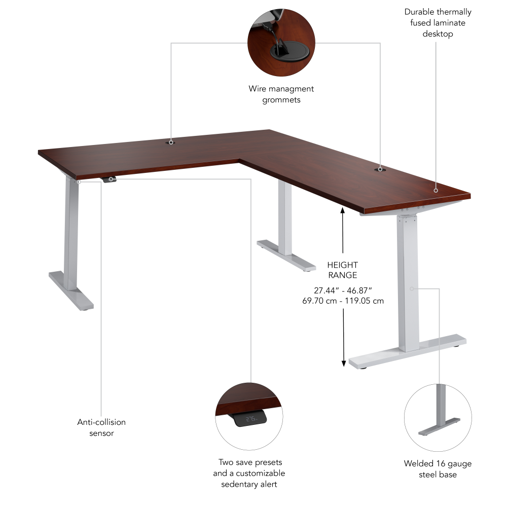 Shop Bush Business Furniture Move 60 Series 60W Height Adjustable L Shaped Standing Desk, Image 06, M6SL6078HCSK, #color_hansen cherry/cool gray metallic