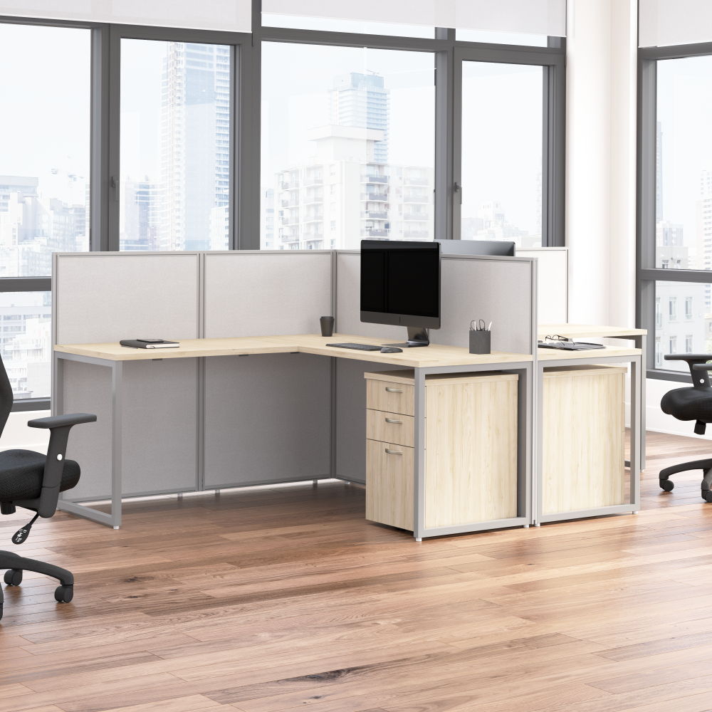 Shop Bush Business Furniture Easy Office 60-inch 2 Person L Shaped Cubicle Desk with Drawers and Low Panels, Image 02, EOD560SNE-03K, #color_natural elm/silver gray fabric
