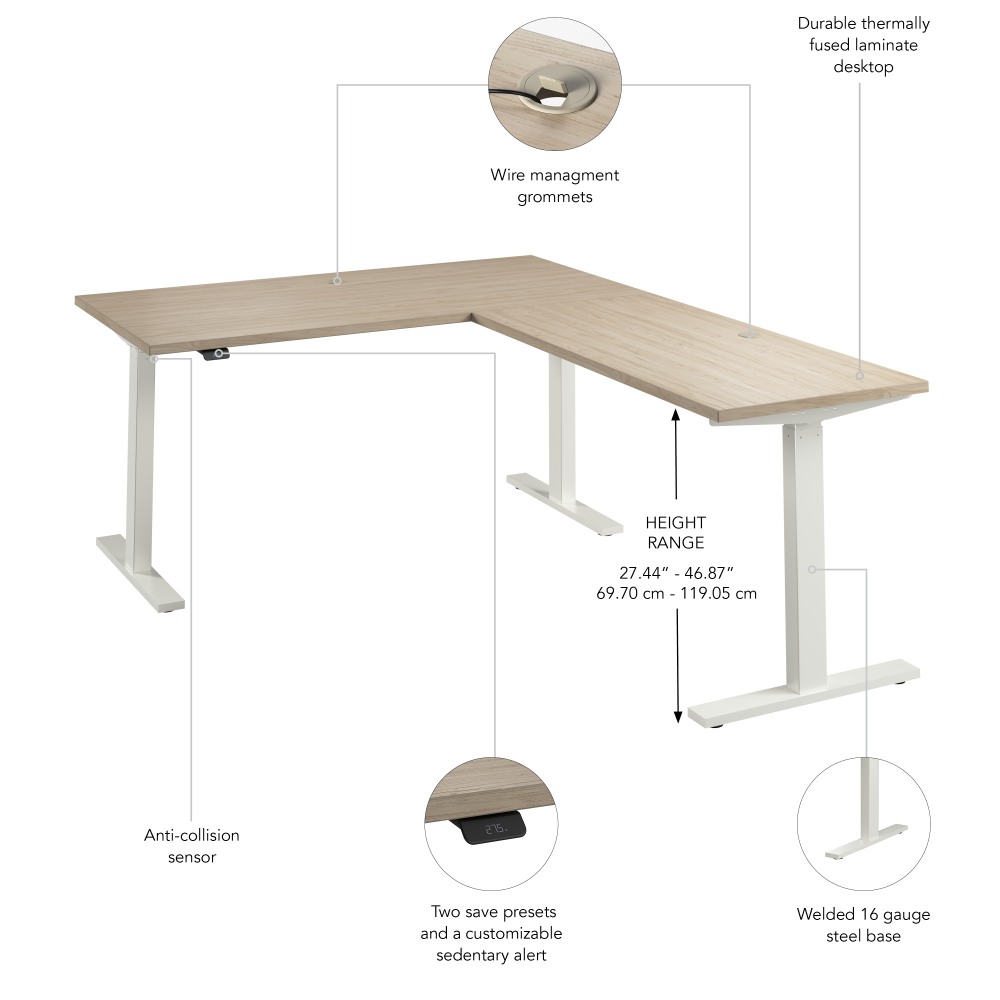 Shop Bush Business Furniture Move 60 Series 60W Height Adjustable L Shaped Standing Desk, Image 06, M6SL6078NEWK, #color_natural elm/white powder coat