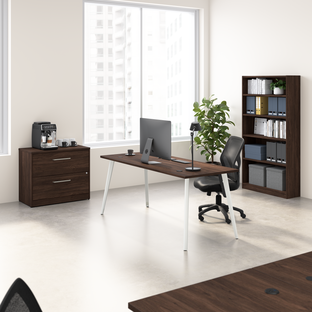Shop Bush Business Furniture Vista 72W Desk with Splayed Metal Legs, Lateral File Cabinet, and Bookcase, Image 02, VST011BWSU, #color_black walnut