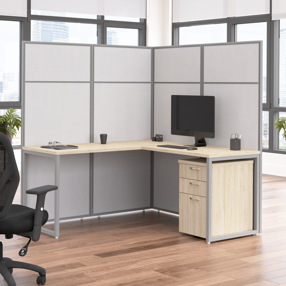 Shop Bush Business Furniture Easy Office 60-inch L Shaped Cubicle Desk with Drawers and Tall Panels, Image 02, EODH36SNE-03K, #color_natural elm/silver gray fabric