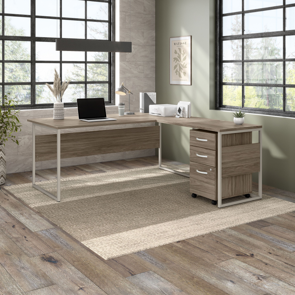 Shop Bush Business Furniture Hybrid 72W x 36D L Shaped Table Desk with 3 Drawer Mobile File Cabinet, Image 02, HYB010MHSU, #color_modern hickory