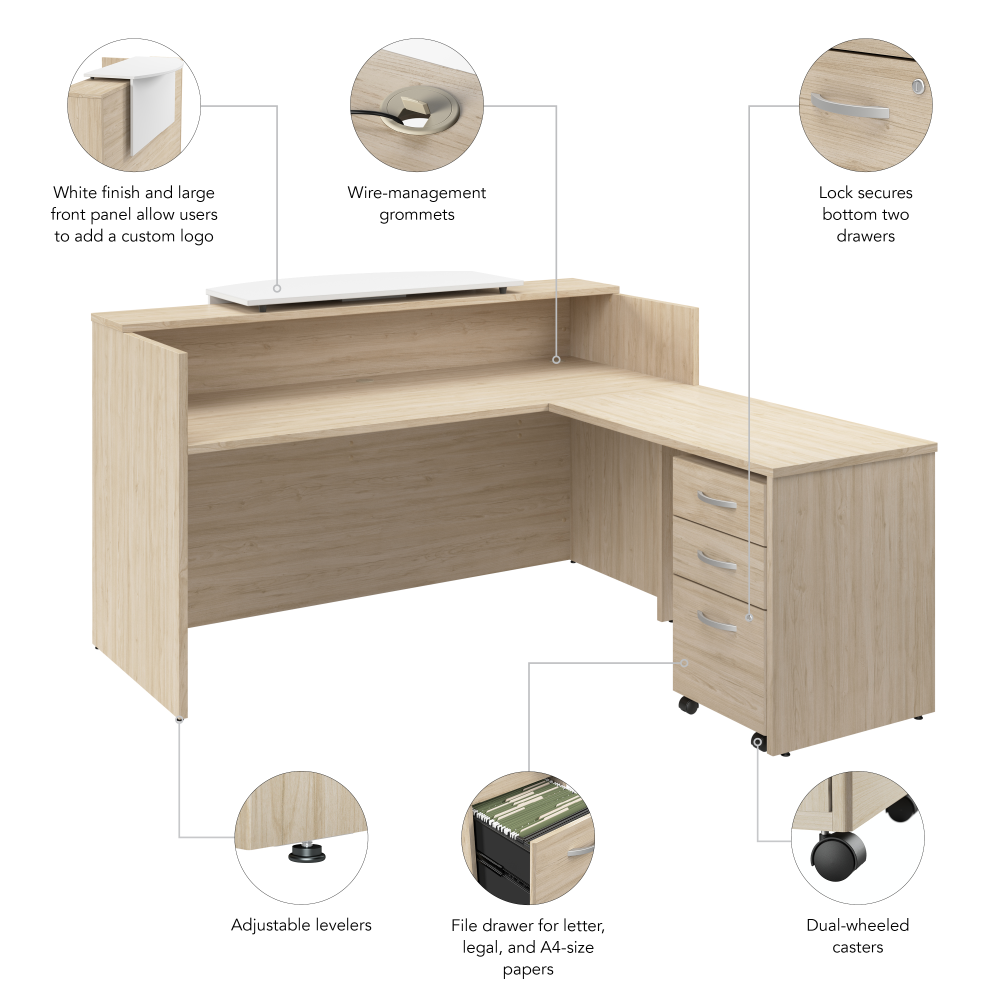 Shop Bush Business Furniture Arrive 72W x 72D L Shaped Reception Desk with Counter and Mobile File Cabinet, Image 09, ARV010NE, #color_natural elm