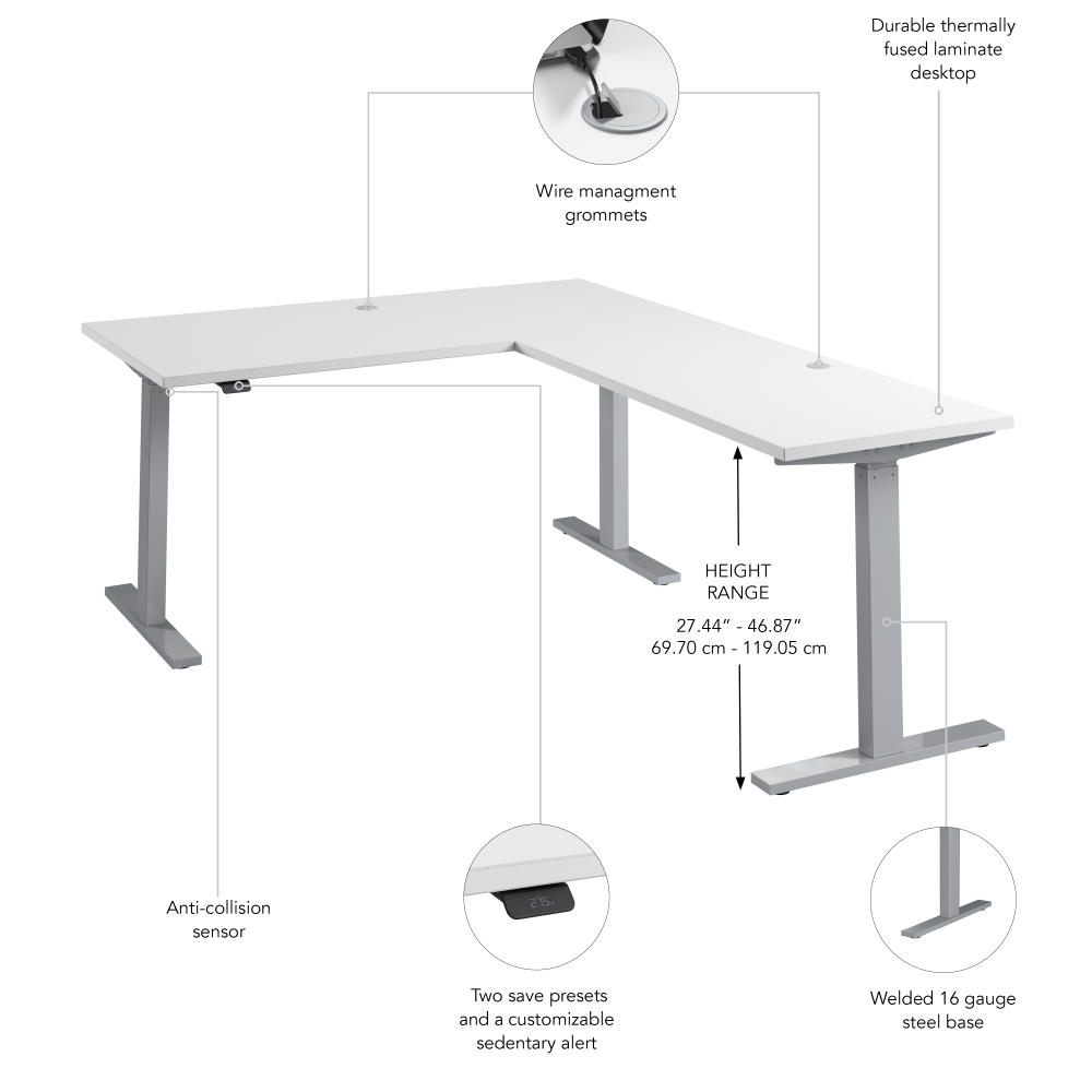 Shop Bush Business Furniture Move 60 Series 60W Height Adjustable L Shaped Standing Desk, Image 06, M6SL6078WHSK, #color_white/cool gray metallic