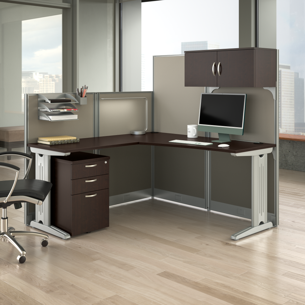 Shop Bush Business Furniture Office in an Hour 65W L Shaped Cubicle Desk with Storage, Drawers, and Organizers, Image 02, WC36894-03STGK, #color_mocha cherry