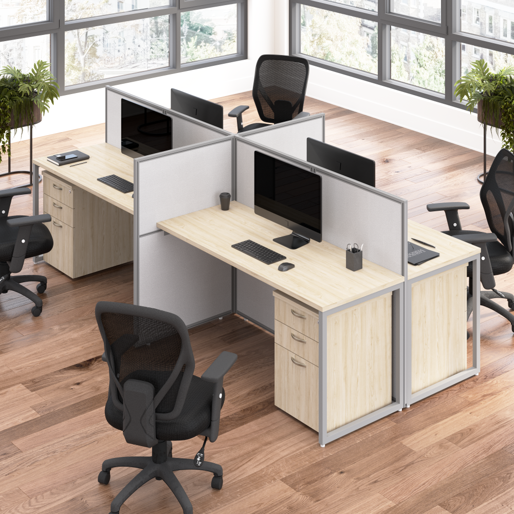 Shop Bush Business Furniture Easy Office 60-inch 4 Person Cubicle Desk with Drawers and Low Panels, Image 02, EOD660SNE-03K, #color_natural elm/silver gray fabric