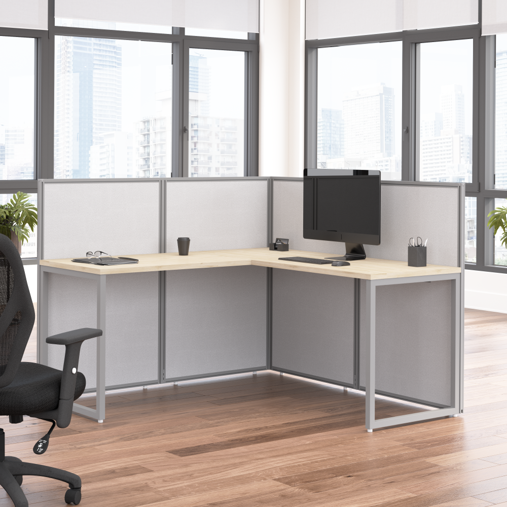 Shop Bush Business Furniture Easy Office 60-inch L Shaped Cubicle Desk with Low Panels, Image 02, EOD360NE-03K, #color_natural elm/silver gray fabric