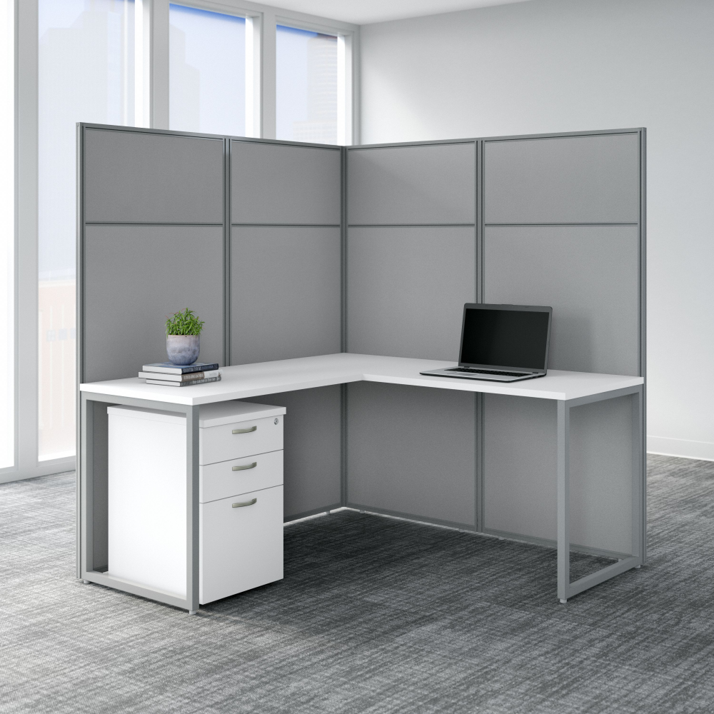 Shop Bush Business Furniture Easy Office 60W L Shaped Cubicle Desk with File Cabinet and 66H Panels, Image 02, EODH36SWH-03K, #color_pure white/silver gray fabric