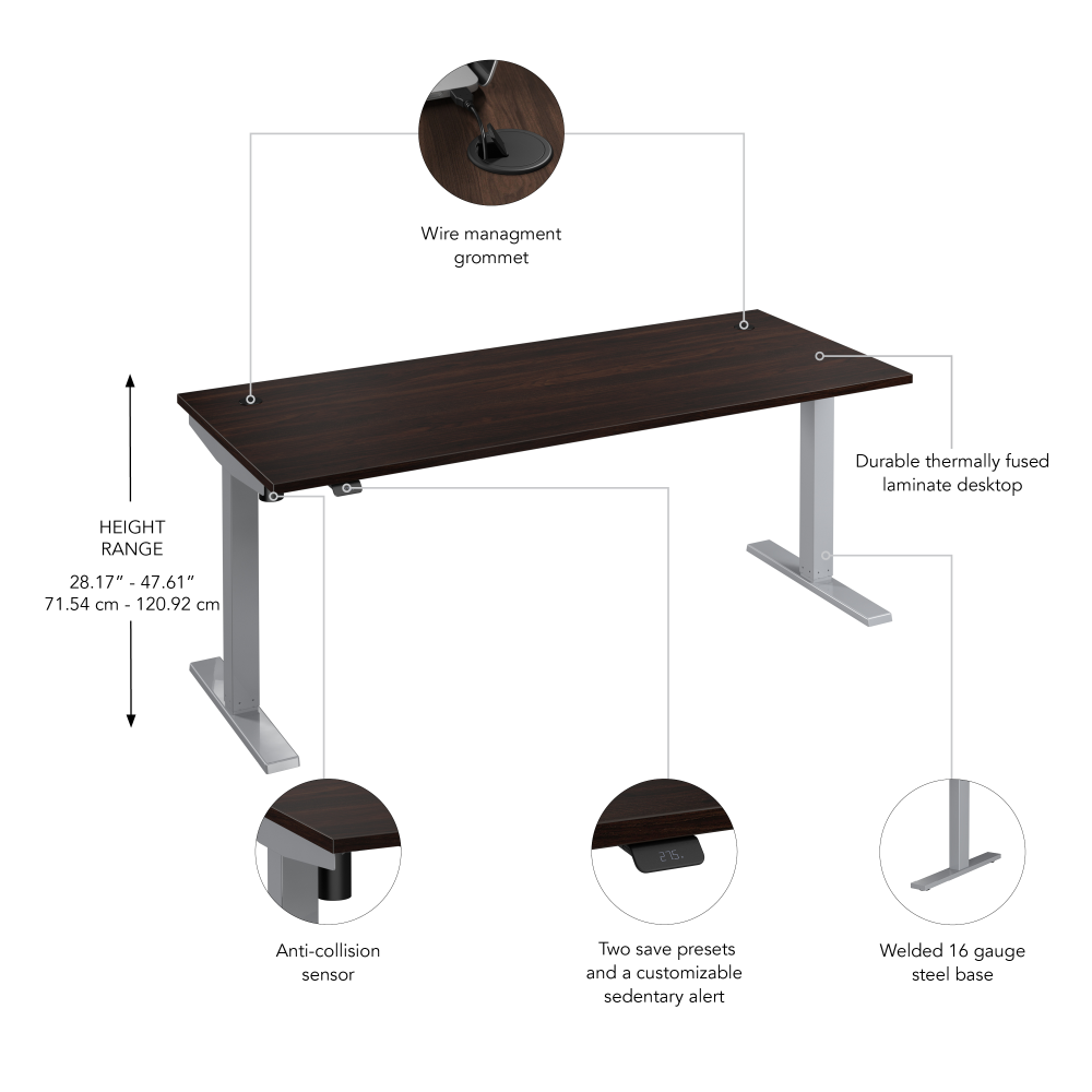 Shop Bush Business Furniture Move 40 Series 72W x 30D Electric Height Adjustable Standing Desk, Image 06, M4S7230BWSK, #color_black walnut/cool gray metallic
