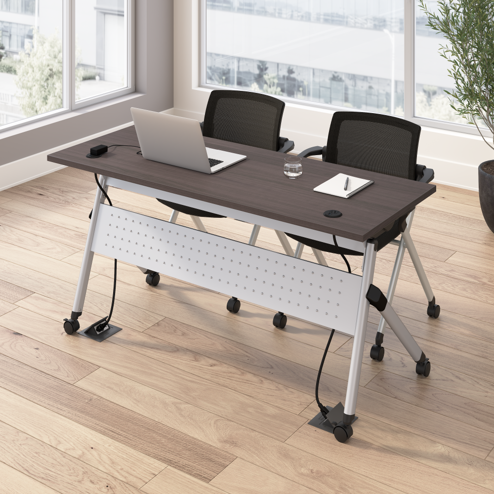 Shop Bush Business Furniture Envision 60W Training Table with Powered Grommets and 2 Chairs with Arms, Image 02, NVS005SG, #color_storm gray/cool gray metallic