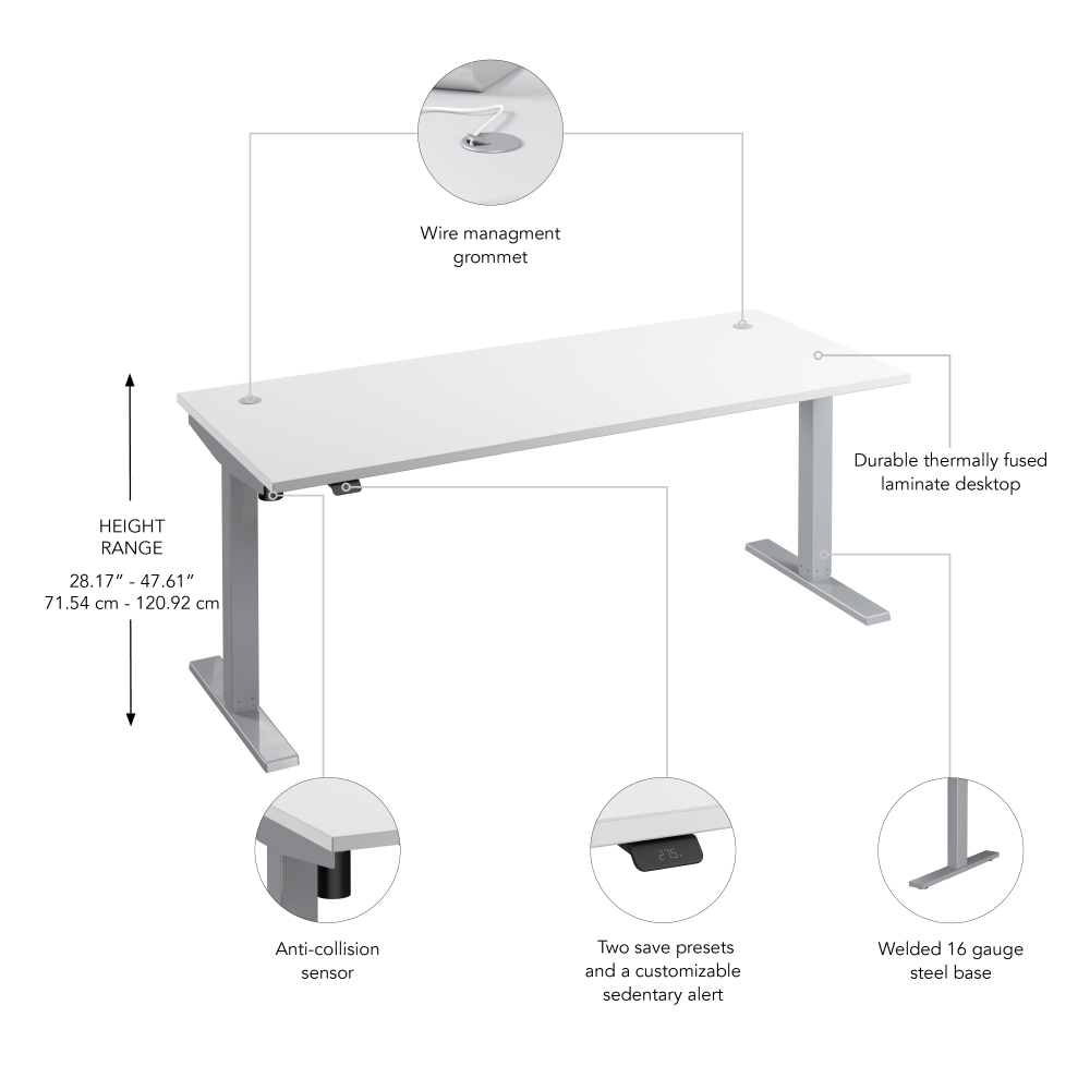 Shop Bush Business Furniture Move 40 Series 72W x 30D Electric Height Adjustable Standing Desk, Image 06, M4S7230WHSK, #color_white/cool gray metallic
