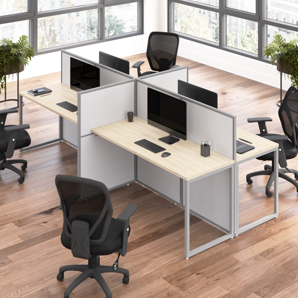 Shop Bush Business Furniture Easy Office 60-inch 4 Person Cubicle Desk with Low Panels, Image 02, EOD660NE-03K, #color_natural elm/silver gray fabric