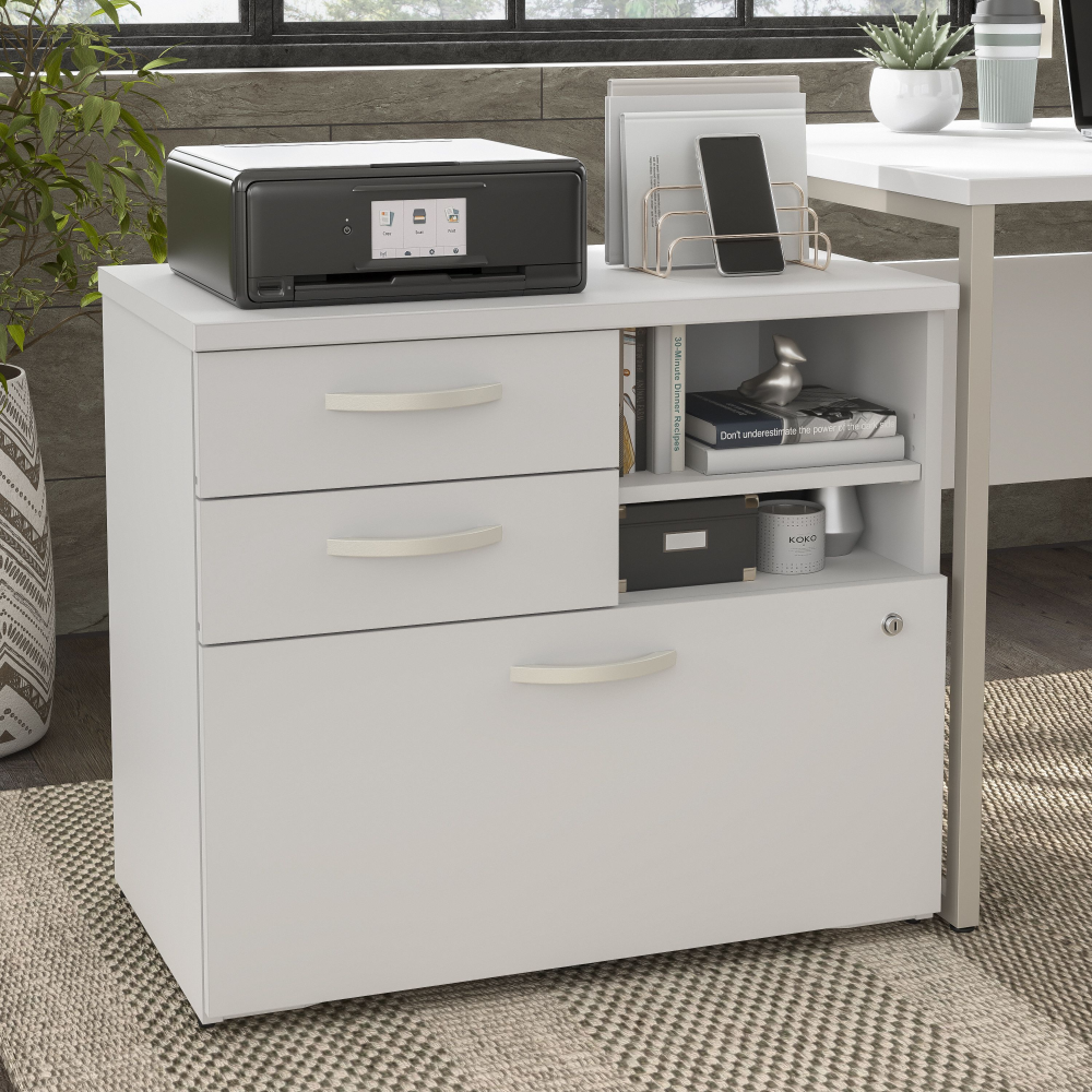 Shop Bush Business Furniture Hybrid Office Storage Cabinet with Drawers and Shelves, Image 02, HYF130WHSU-Z, #color_white