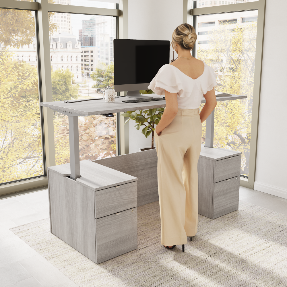 Shop Bush Business Furniture Stratus 72W x 30D Electric Standing Desk with Drawers and Modesty Panel, Image 02, SUT012PG, #color_platinum gray