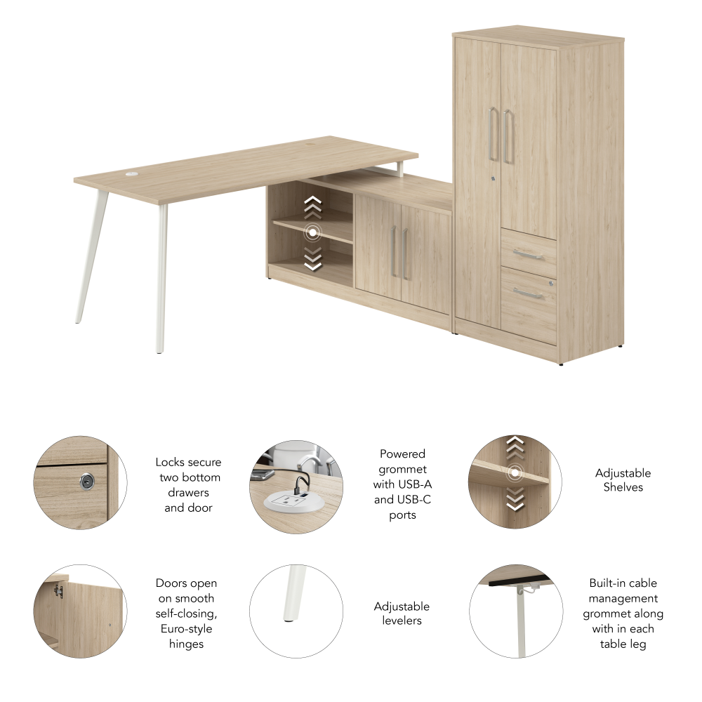 Shop Bush Business Furniture Vista 72W L Shaped Desk with Metal Legs, Low Storage Cabinet, and Wardrobe, Image 06, VST009NE, #color_natural elm