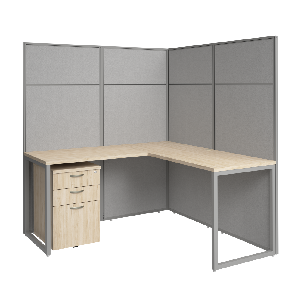 Shop Bush Business Furniture Easy Office 60-inch L Shaped Cubicle Desk with Drawers and Tall Panels, Image 01, EODH36SNE-03K, #color_natural elm/silver gray fabric
