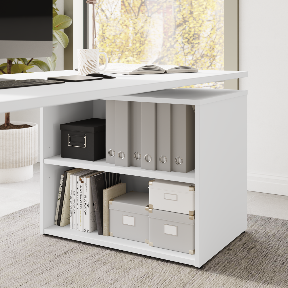 Shop Bush Business Furniture Stratus 60W x 30D Electric Height Adjustable Standing Desk with Bookcase, Image 05, SUT005WH, #color_white