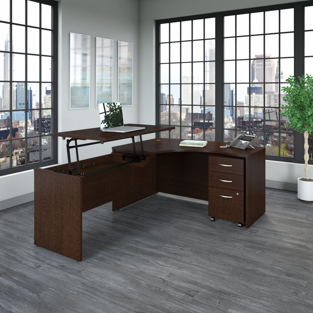 Shop Bush Business Furniture Series C 60W x 43D Left Hand 3 Position Sit to Stand L Shaped Desk with Mobile File Cabinet, Image 02, SRC127MRSU, #color_mocha cherry