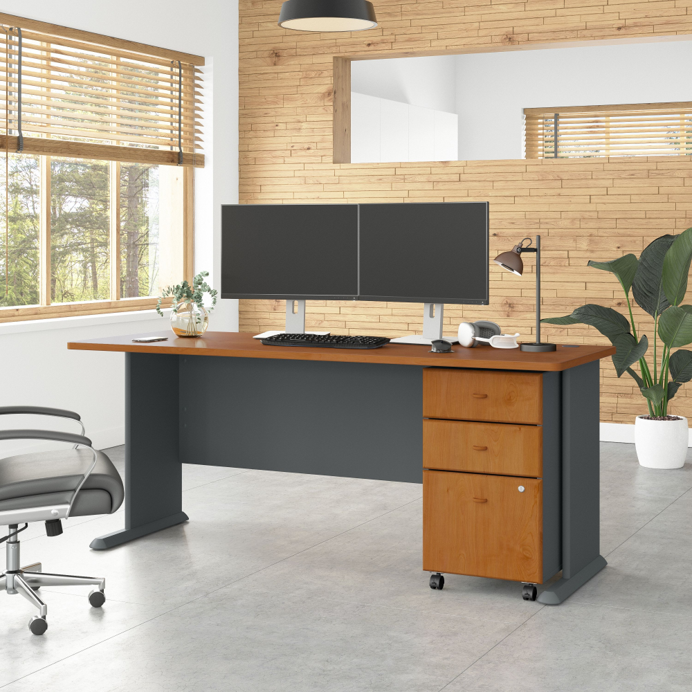 Shop Bush Business Furniture Series A 72W Desk with Mobile File Cabinet, Image 02, SRA013NCSU, #color_natural cherry/slate