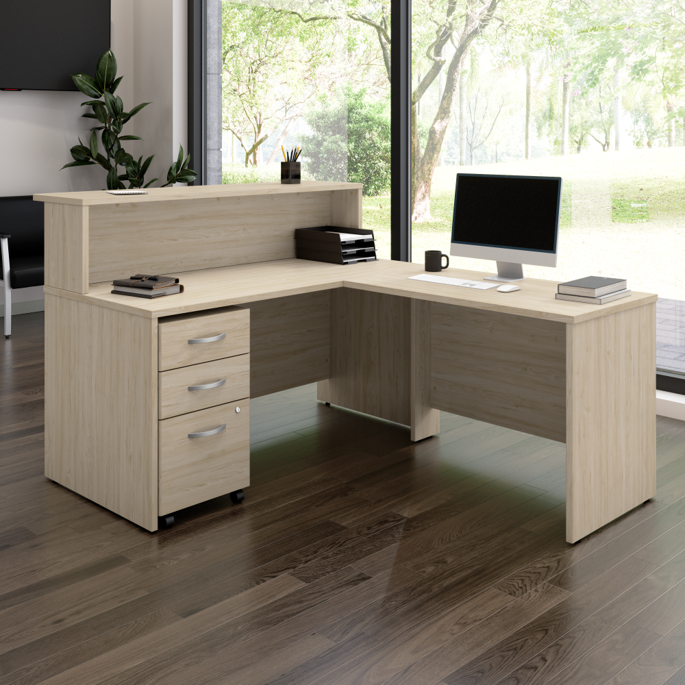 Shop Bush Business Furniture Arrive 60W x 72D L Shaped Reception Desk with Shelf and Mobile File Cabinet, Image 02, ARV004NE, #color_natural elm