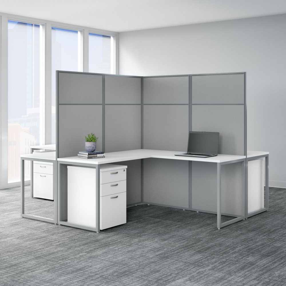Shop Bush Business Furniture Easy Office 60W 4 Person L Shaped Cubicle Desk with Drawers and 66H Panels, Image 02, EODH76SWH-03K, #color_pure white/silver gray fabric