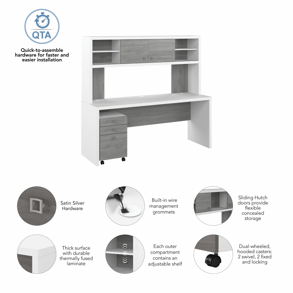 Shop Bush Business Furniture Echo 72W Computer Desk with Hutch and 3 Drawer Mobile File Cabinet, Image 07, ECH048WHMG, #color_pure white/modern gray