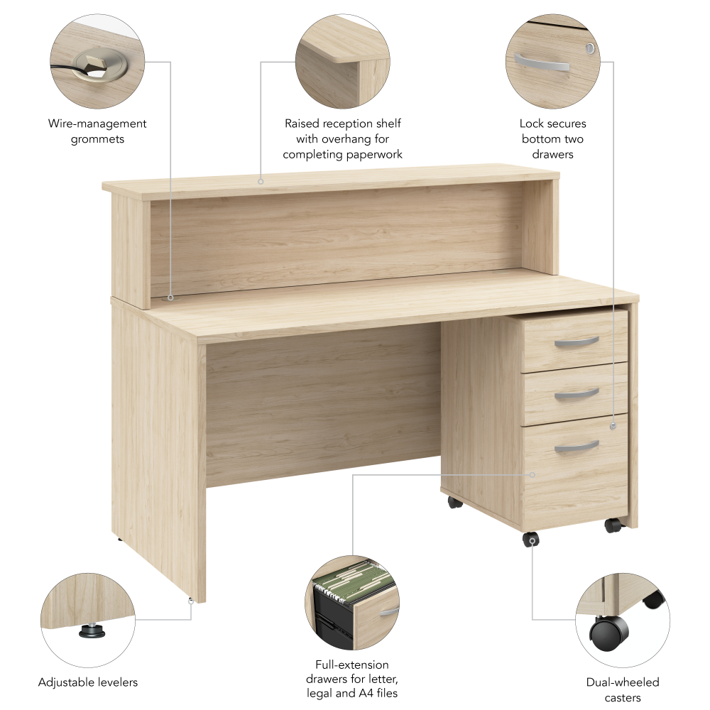 Shop Bush Business Furniture Arrive 60W x 30D Reception Desk with Shelf and Mobile File Cabinet, Image 08, ARV002NE, #color_natural elm