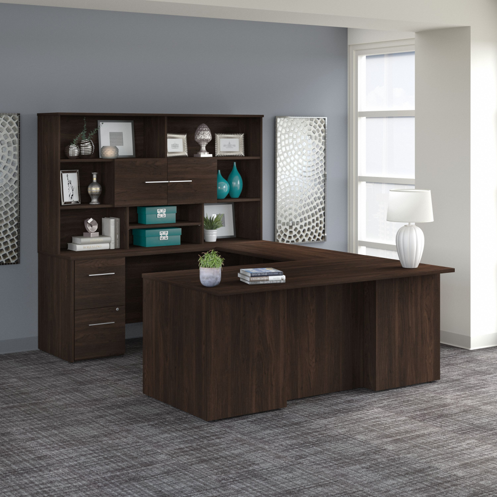 Shop Bush Business Furniture Office 500 72W U Shaped Executive Desk with Drawers and Hutch, Image 02, OF5003BWSU, #color_black walnut