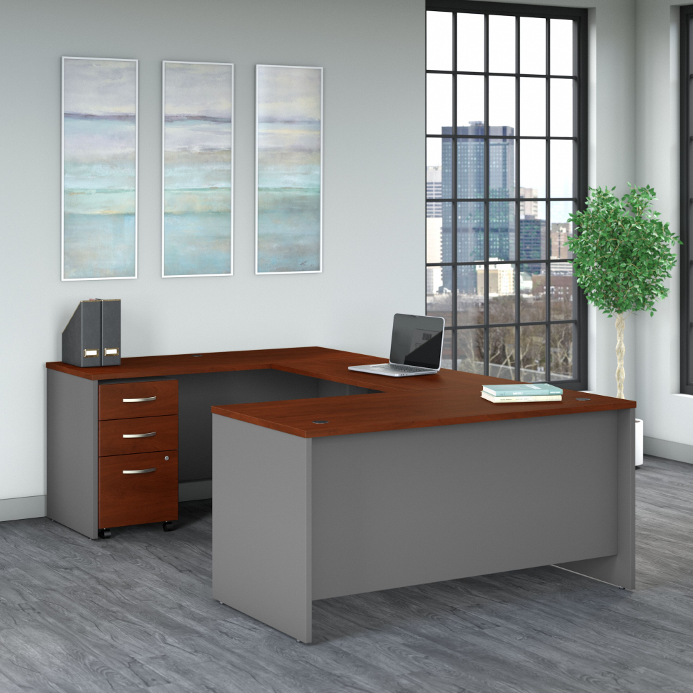 Shop Bush Business Furniture Series C 60W U Shaped Desk with 3 Drawer Mobile File Cabinet, Image 02, SRC148HCSU, #color_hansen cherry/graphite gray