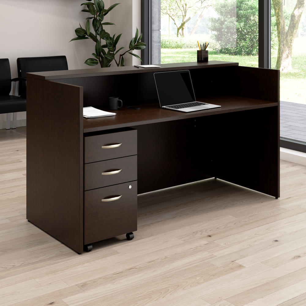 Shop Bush Business Furniture Arrive 72W x 30D Reception Desk with Shelf and Mobile File Cabinet, Image 02, ARV005MR, #color_mocha cherry