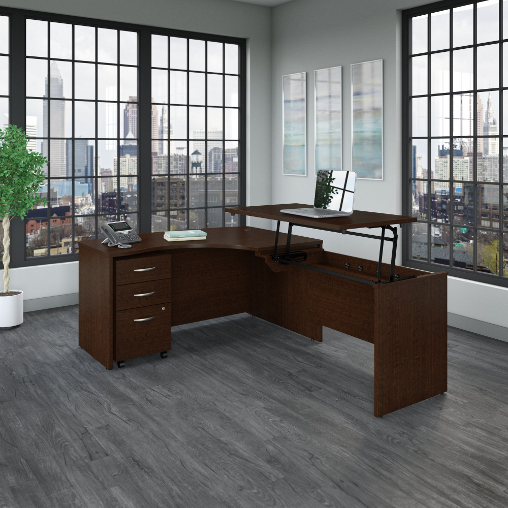 Shop Bush Business Furniture Series C 60W x 43D Right Hand 3 Position Sit to Stand L Shaped Desk with Mobile File Cabinet, Image 02, SRC128MRSU, #color_mocha cherry