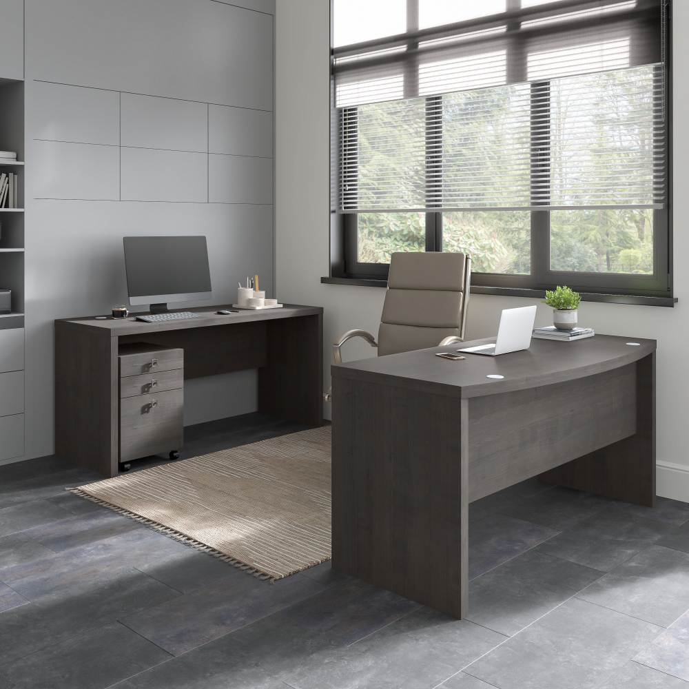 Shop Bush Business Furniture Echo Bow Front Desk and Credenza with Mobile File Cabinet, Image 02, ECH010CM, #color_charcoal maple