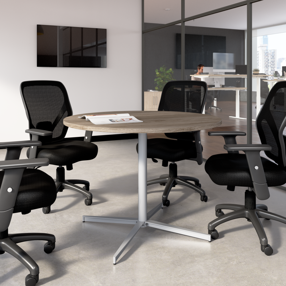 Shop Bush Business Furniture 42-inch Round Conference Table with Metal Base, Image 02, 99XTB42RMH, #color_modern hickory/cool gray metallic