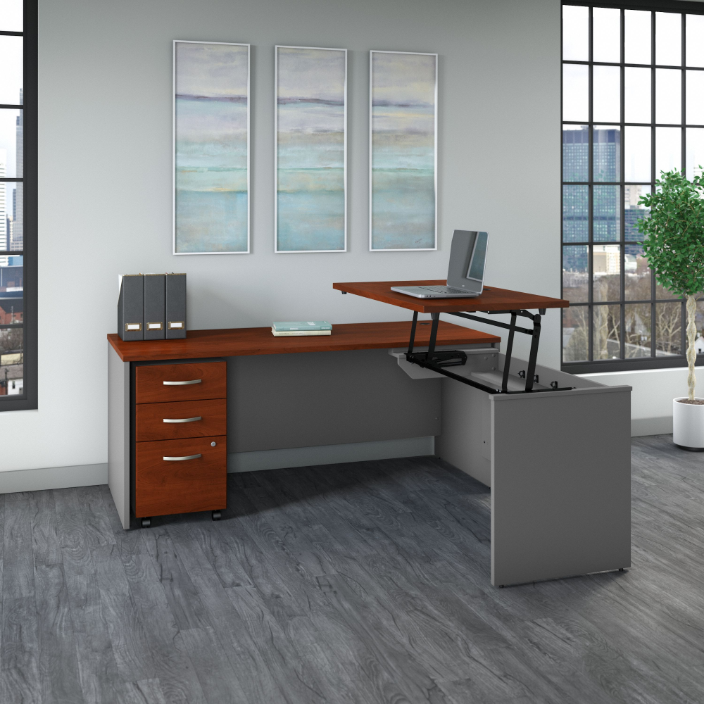 Shop Bush Business Furniture Series C 72W x 30D 3 Position Sit to Stand L Shaped Desk with Mobile File Cabinet, Image 02, SRC125HCSU, #color_hansen cherry/graphite gray