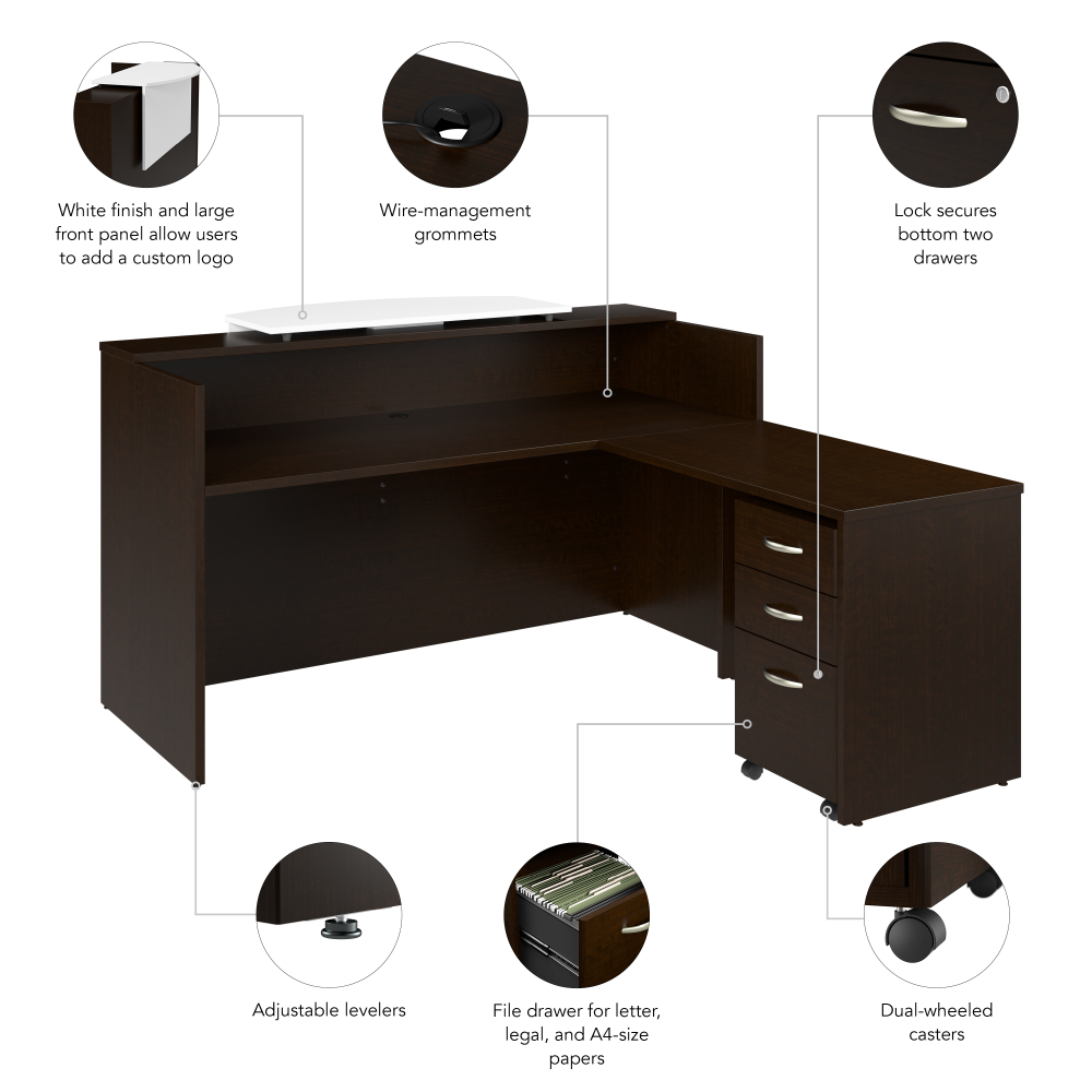 Shop Bush Business Furniture Arrive 72W x 72D L Shaped Reception Desk with Counter and Mobile File Cabinet, Image 09, ARV010MR, #color_mocha cherry