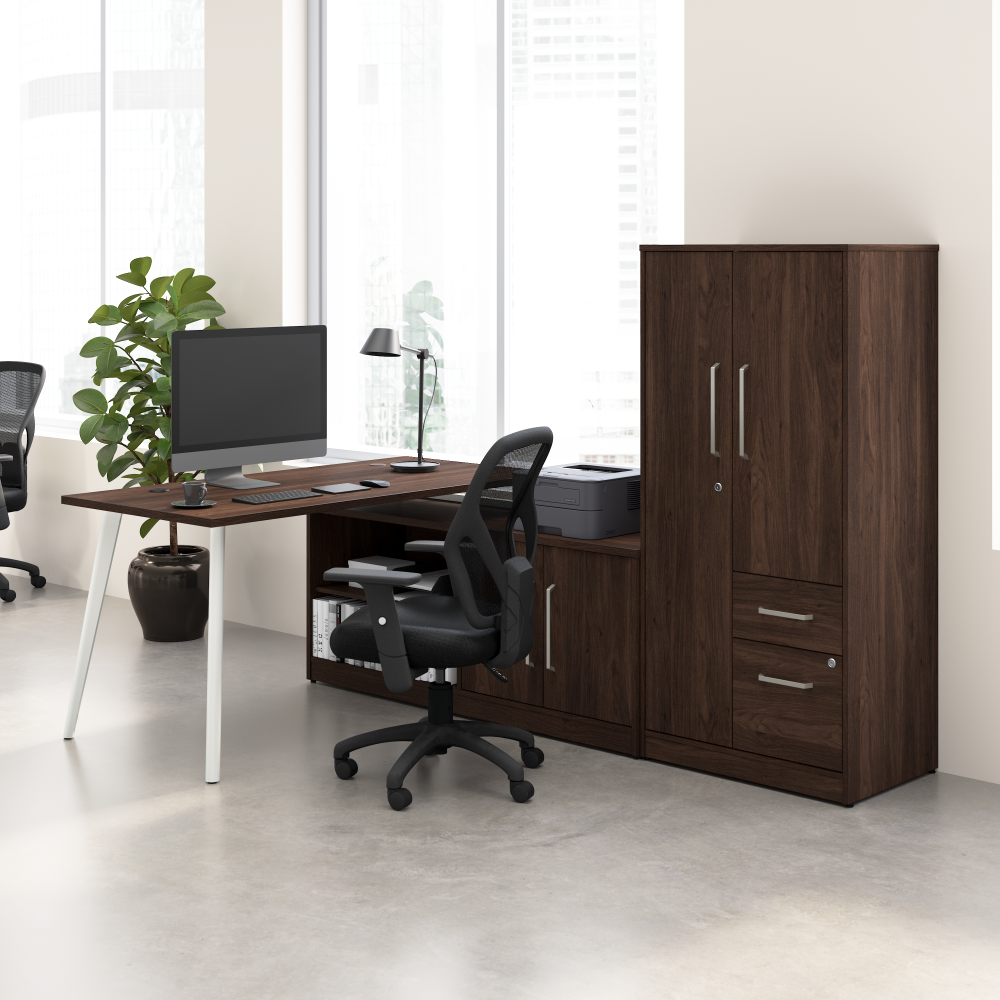 Shop Bush Business Furniture Vista 60W L Shaped Desk with Metal Legs, Low Storage Cabinet, and Wardrobe, Image 02, VST010BW, #color_black walnut