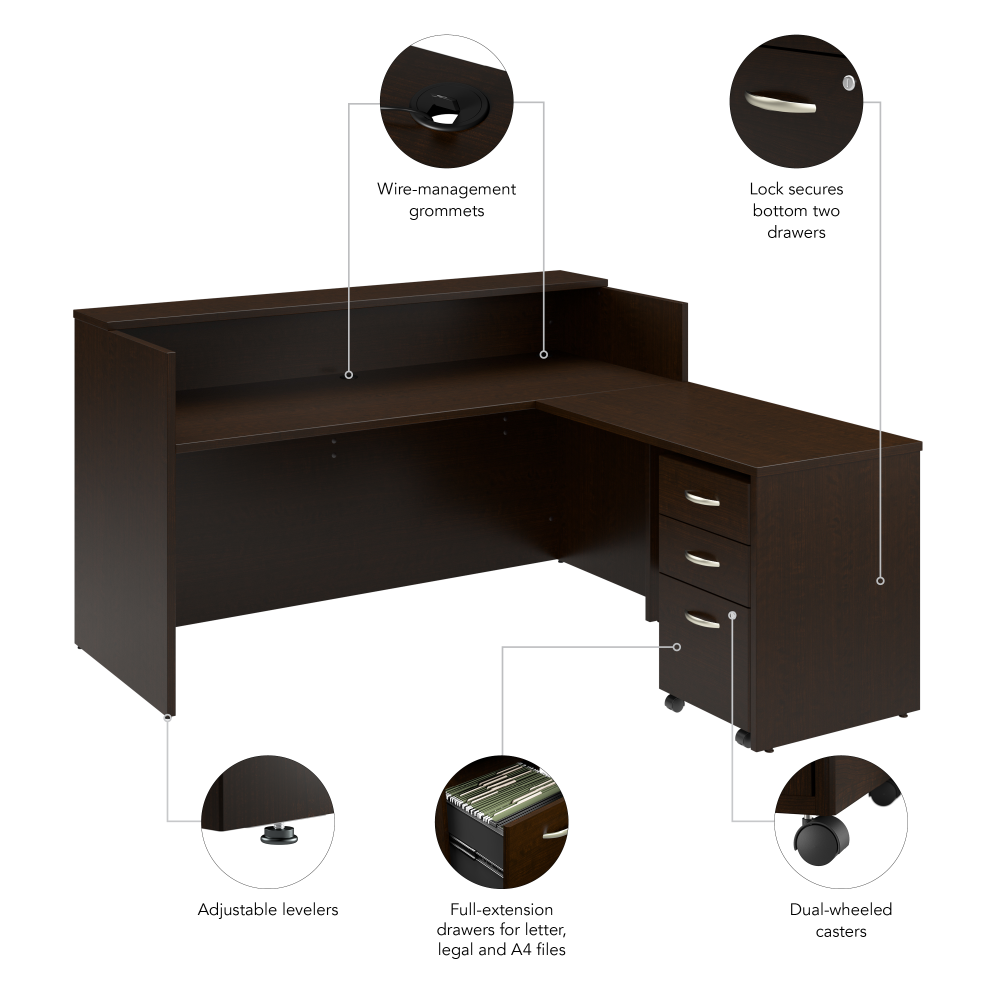 Shop Bush Business Furniture Arrive 72W x 72D L Shaped Reception Desk with Shelf and Mobile File Cabinet, Image 08, ARV007MR, #color_mocha cherry