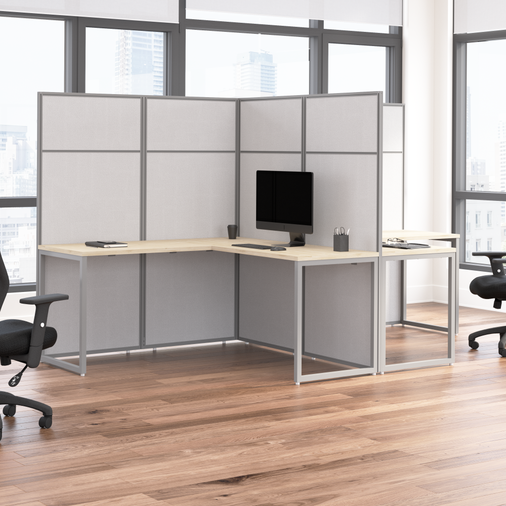 Shop Bush Business Furniture Easy Office 60-inch 2 Person L Shaped Cubicle Desk with Tall Panels, Image 02, EODH560NE-03K, #color_natural elm/silver gray fabric