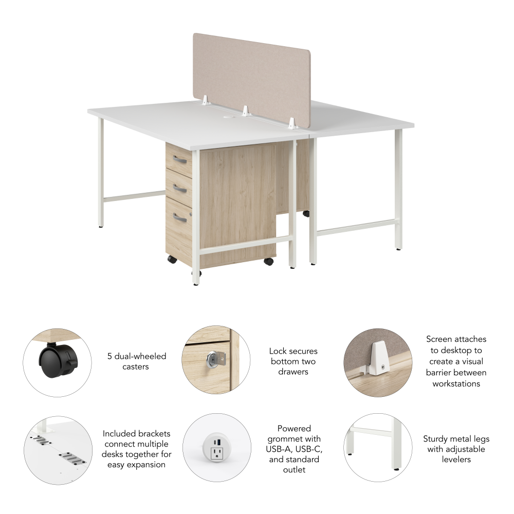 Shop Bush Business Furniture Hustle 2 Person Computer Desk with Mobile File Cabinets, Power Grommets, and Privacy Screen, Image 06, HUS014WHNESU, #color_white/natural elm