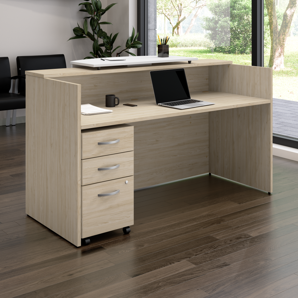 Shop Bush Business Furniture Arrive 72W x 30D Reception Desk with Counter and Mobile File Cabinet, Image 02, ARV008NE, #color_natural elm