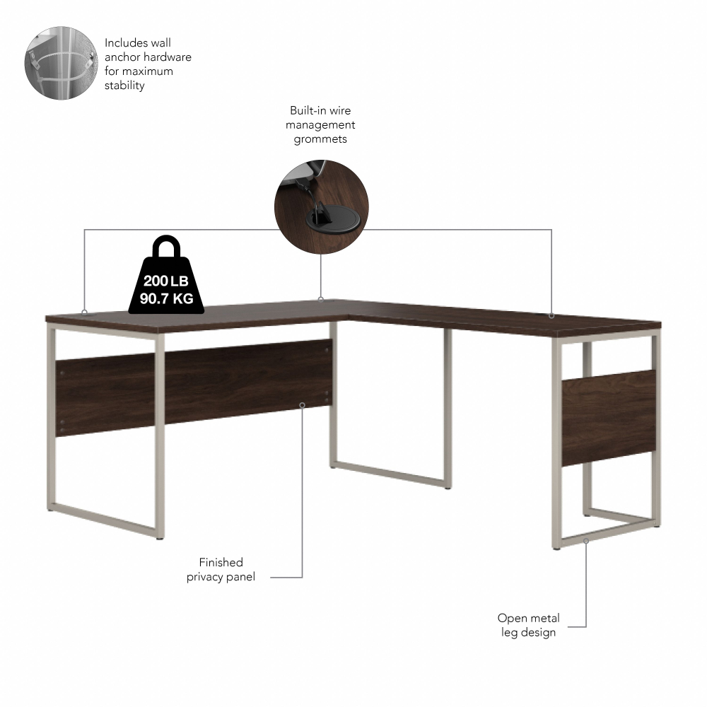 Shop Bush Business Furniture Hybrid 60W x 30D L Shaped Table Desk with Mobile File Cabinet, Image 06, HYB029BWSU, #color_black walnut