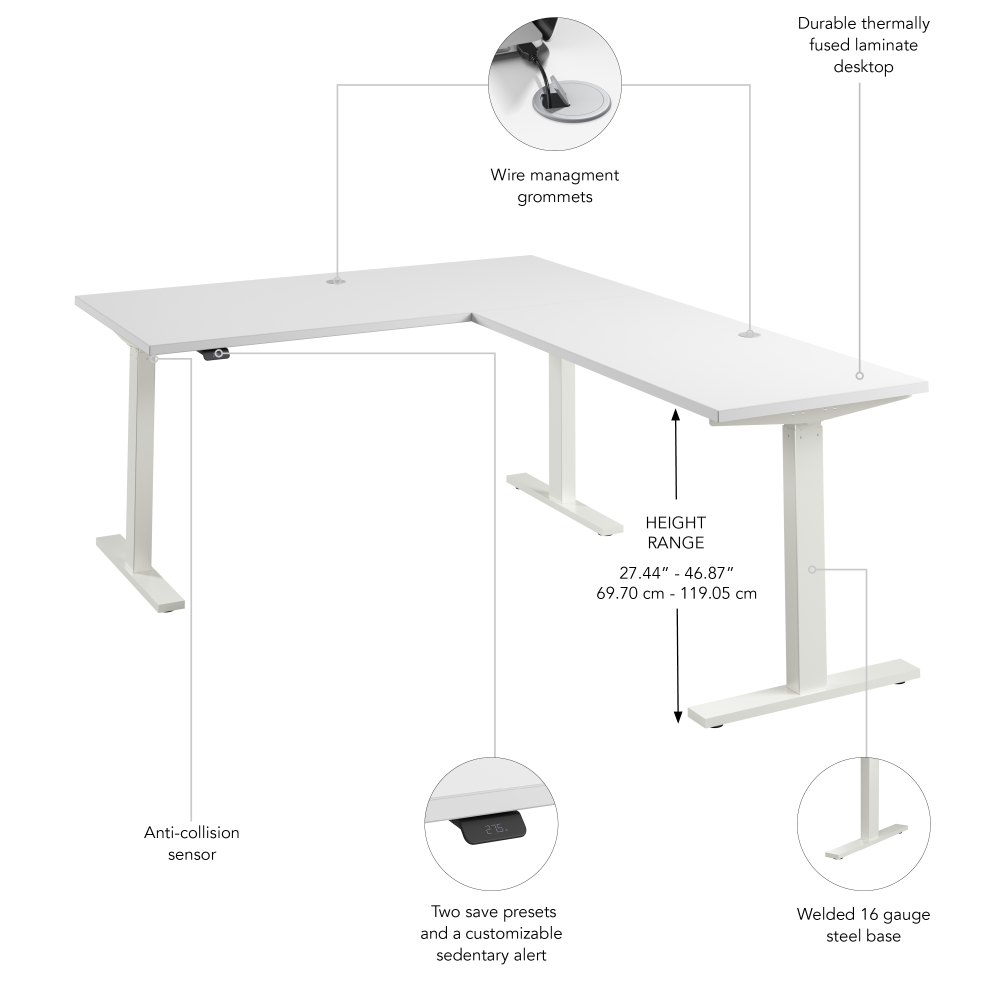 Shop Bush Business Furniture Move 60 Series 60W Height Adjustable L Shaped Standing Desk, Image 06, M6SL6078WHWK, #color_white/white powder coat